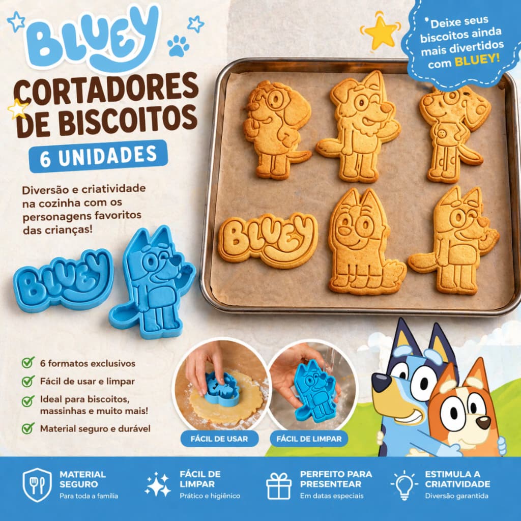 Kit Cortador de Biscoito Bluey 6 Peças Moldes Bolacha Confeitaria Decoração Festa Temático