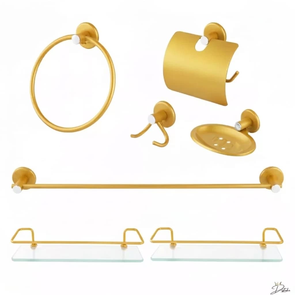 Kit Acessórios Para Banheiro Dourado + 2 Porta Shampoo Reto Dourado