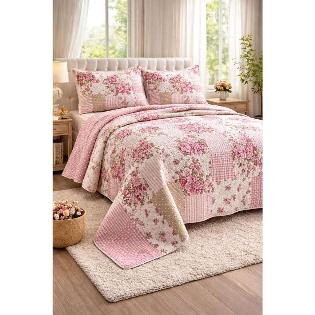 Cobre Leito Casal Padrão Colcha Casal 2,40m x 2,20m Tecido Premium 3 Peças Matelado Ultrassonico
