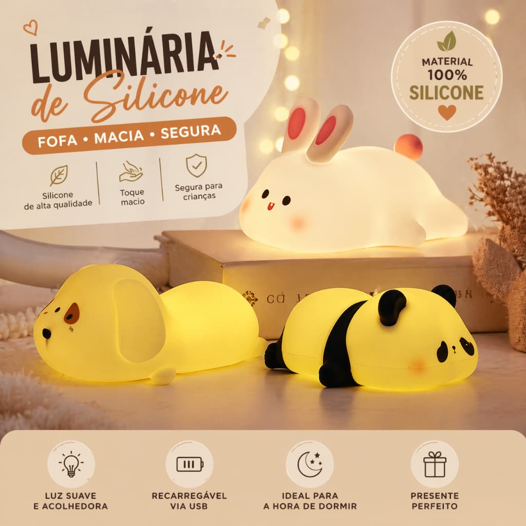 Luminária LED Fofa Cachorrinho/Panda/Coelho Touch 5 Cores Luz Noturna Aconchegante Quarto Decoração