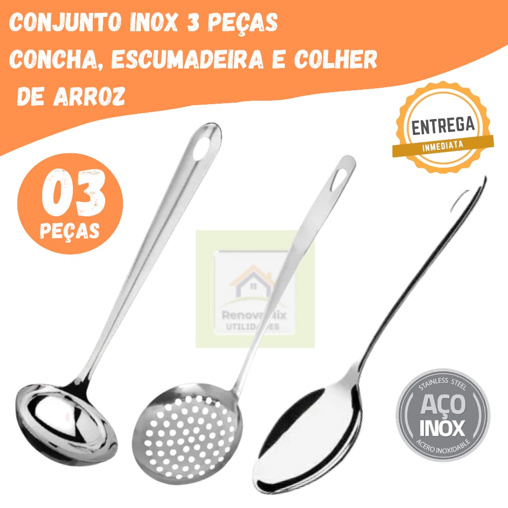 Kit Conjunto 3 Peças Aço Inox Resistente Concha, Colher E Escumadeira Cozinha Restaurante Buffet