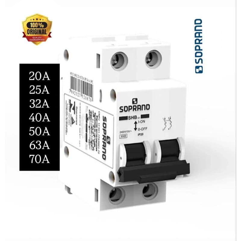 DISJUNTOR BIPOLAR 20A,25A,32A,40A,50A,63A,70A CURVA C SOPRANO (Série SHB2 GIII)