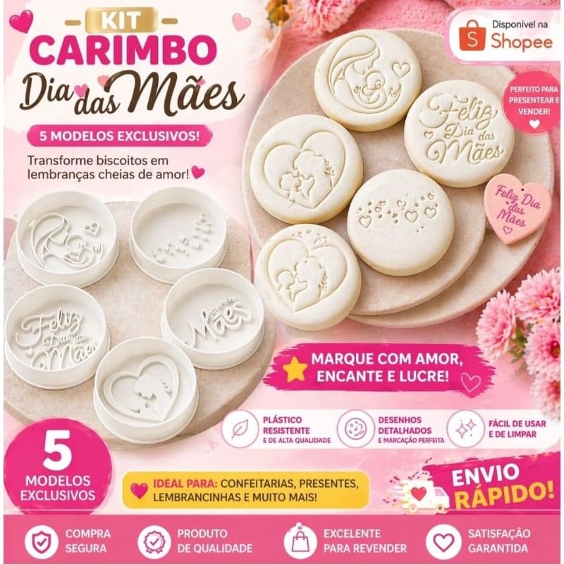 Kit carimbo biscoito cortador cookie decorador confeitaria dia das mães 4peças.