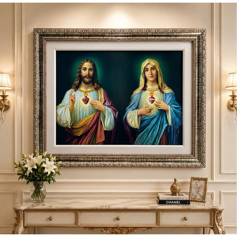 Quadro Sagrado Coração de Jesus e Maria  – Quadro Resinado – 40x50 – Moldura Dourada