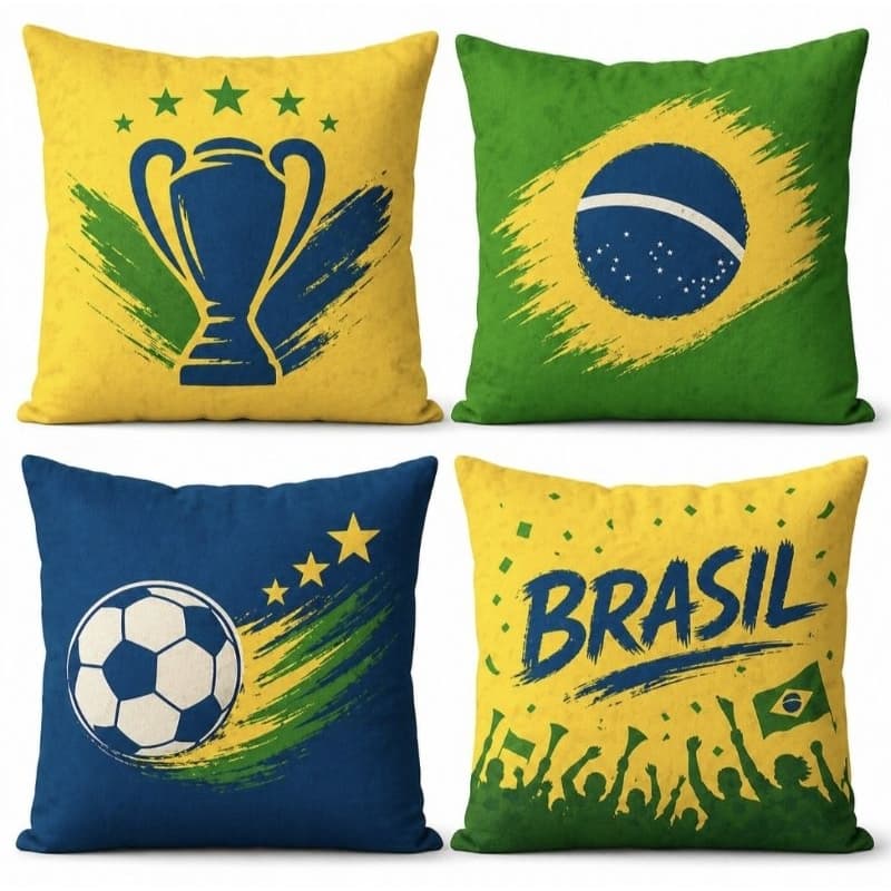 Kit 4 Capas de Almofadas Decorativas Copa do Mundo Brasil – 45x45 cm