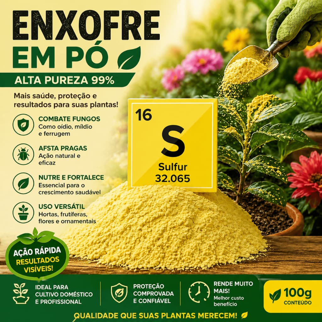 enxofre em pó 50g puro 99%  controle de pragas, fungos e nutrição de plantas uso profissional