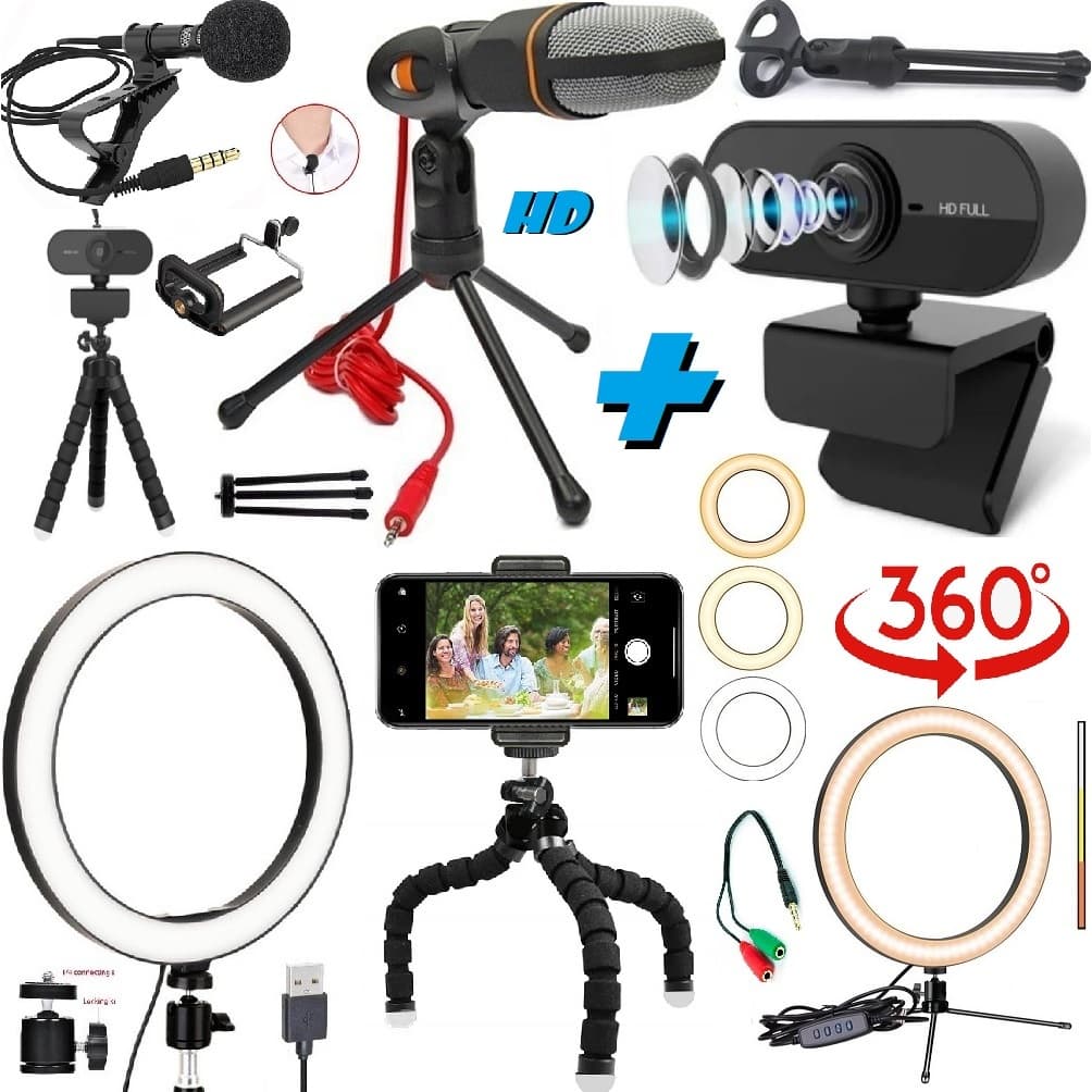 Kit Home Office Webcam Full Hd 1080 Microfone Condensador Luz Iluminador Gravar Vídeo Aula Reunião Hangouts Zoom Stream