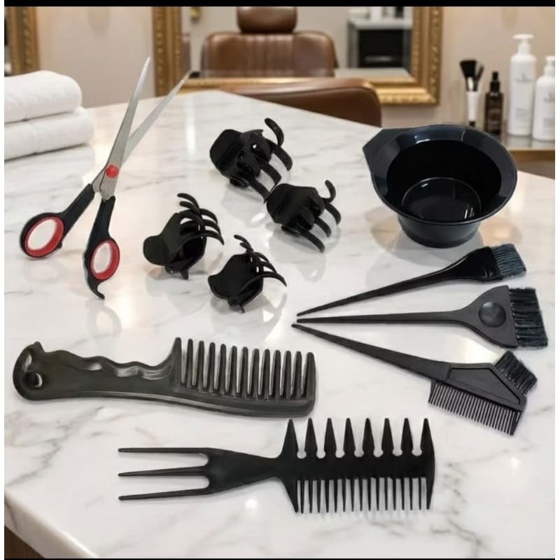 kit para pintura cabelo 11 peças pincel,pentes, tesoura,pote e prendedores,