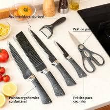 Jogo de Facas 6 Peças Inox Cozinha Kit Faca Chef Cutelo Trinchar Descascar Tesoura Descascador