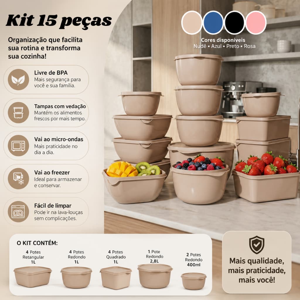 Conjunto 15 potes de plastico com tampa vários no modelos kit tupoer