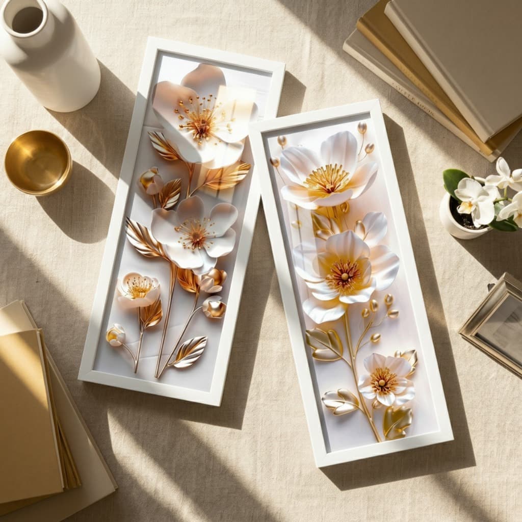 Kit 2 Quadros Decorativos 18x45 Flores Douradas Elegante Moldura Vidro Sala Quarto Hall Escritório