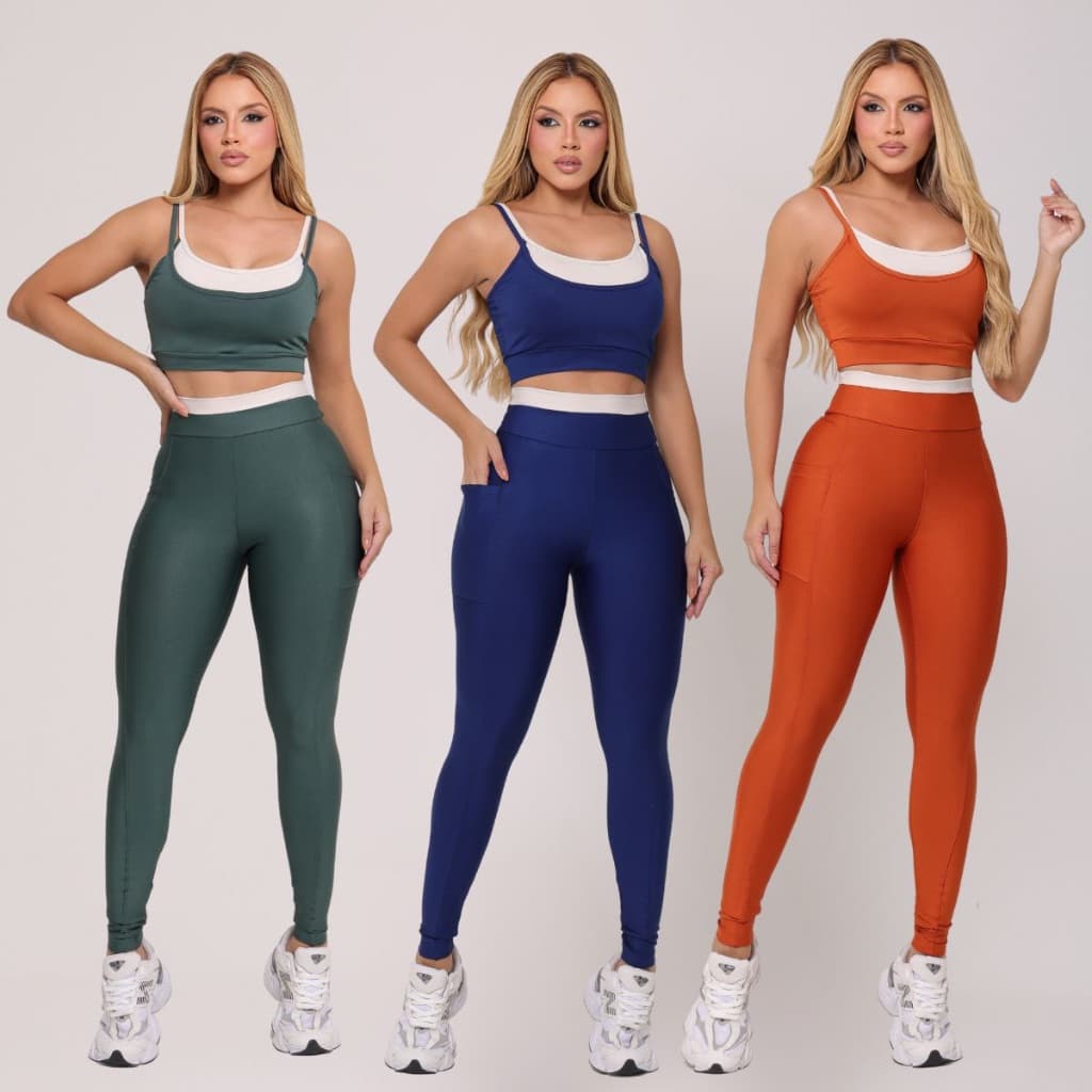 Conjunto Fitness Bicolor Top e Calça Legging com Bolso Feminino Academia Cintura Alta Compressão