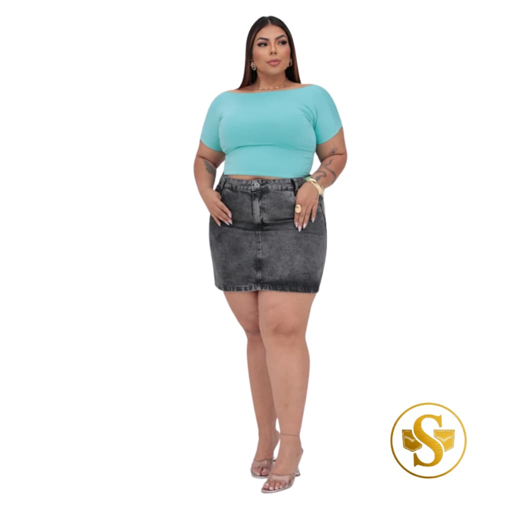 Mini Saia Feminina Plus Size Lisa Com Lycra Lavagem Escura Premium Grafite 46 ao 54