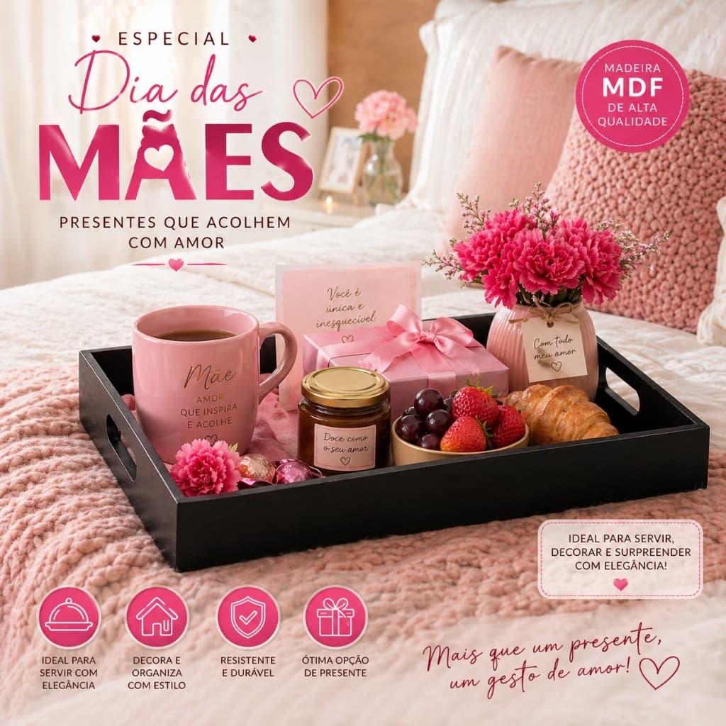 Bandeja MDF Dia das Mães Decorativa Cesta Presente Café Da Manhã Surpresa Preta Festa Floricultura
