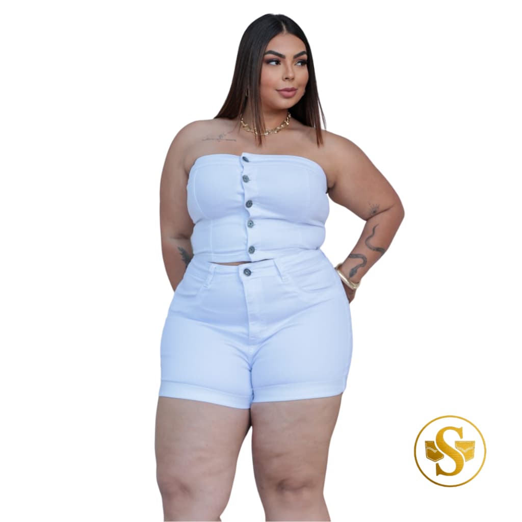 Bermuda Jeans Plus Size Meia Coxa Lycra Cintura Alta Modela o Corpo Veste Bem Oferta 46-54 Branco