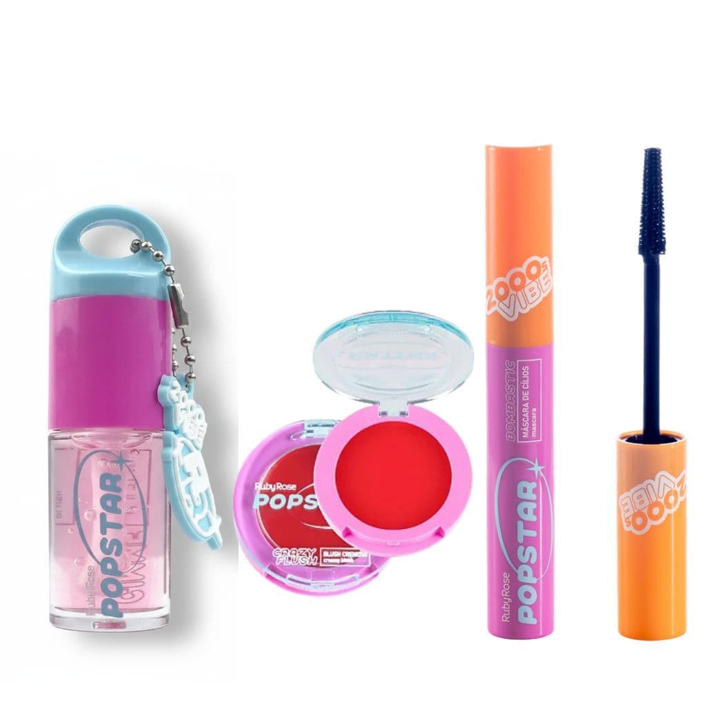 Kit Popstar Ruby Rose/ Lip Oil, Máscara de Cílios, Blush Cremoso