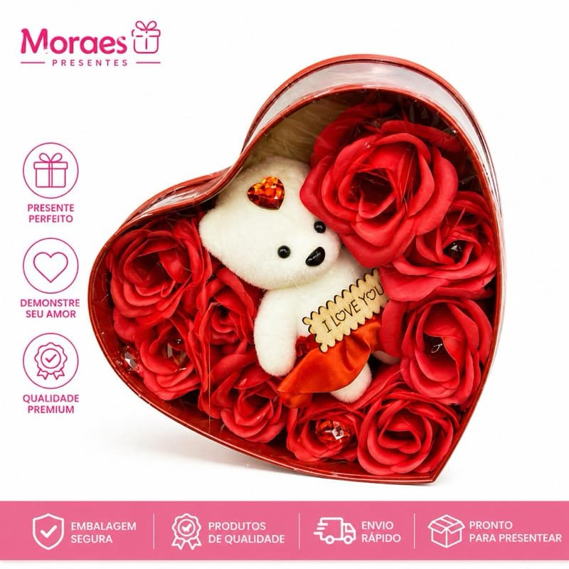 Caixa coração com ursinho e rosas artificiais, presente romântico com tamanho aproximado, ideal para surpreender.