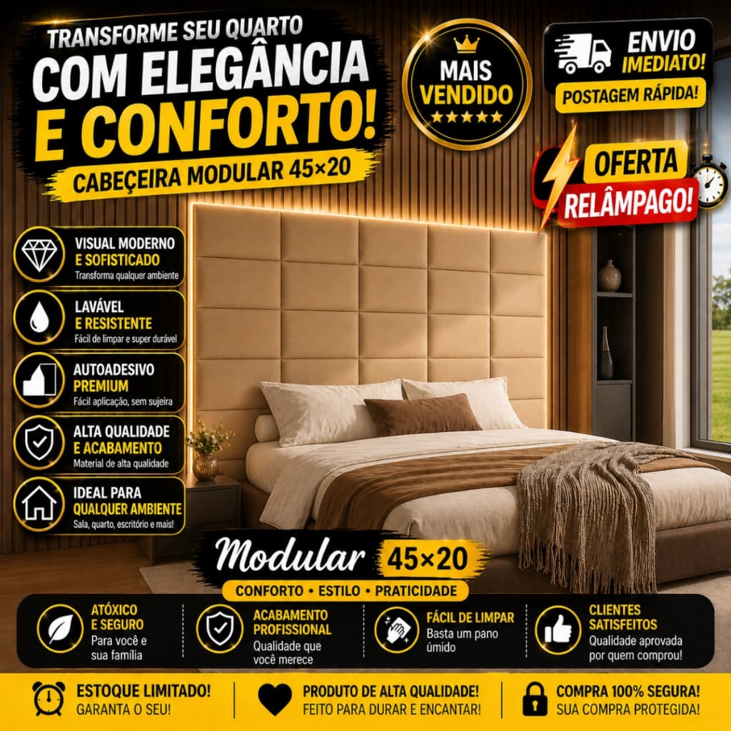Kit 1 á 20 Cabeceira Estofada Adesiva em Modulo 45x20 para Cama de Solteiro