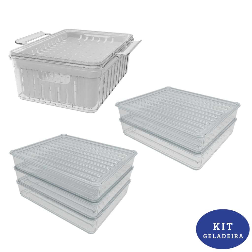 Kit Organizador de Geladeira Com Tampa e Cesta de Drenagem e Porta Frios