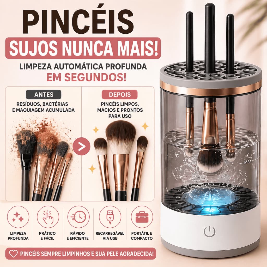 Limpador de Pincéis Maquiagem Automático Elétrico USB Bivolt Portátil Limpeza Rápida