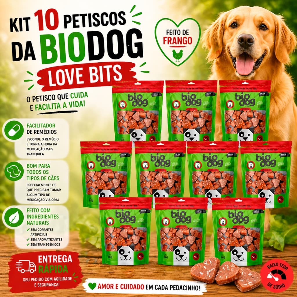 Kit 10 Bifinho Petisco Natural Snack Biscoito Biodog Mordedor Gourmet Love Bits