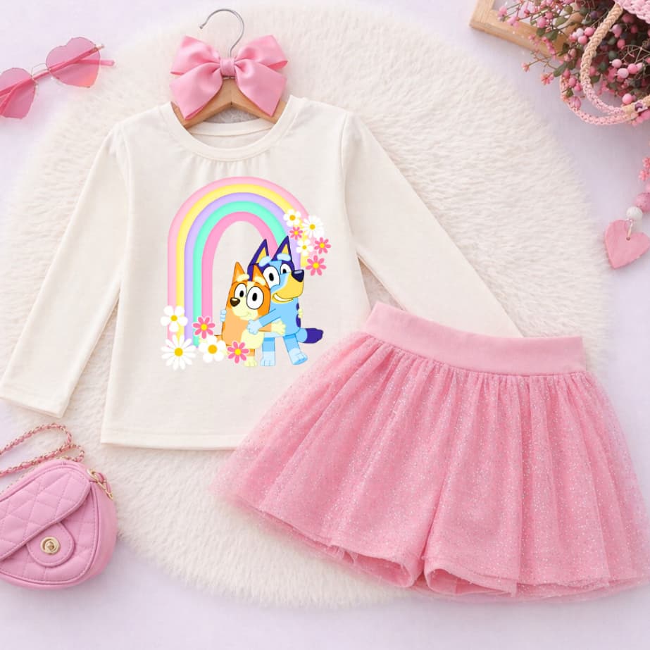 Conjunto Infantil Blueey do Arco-Íris Flores Look Fofinho Delicado e Encantador short saia e blusa off white Manga Longa