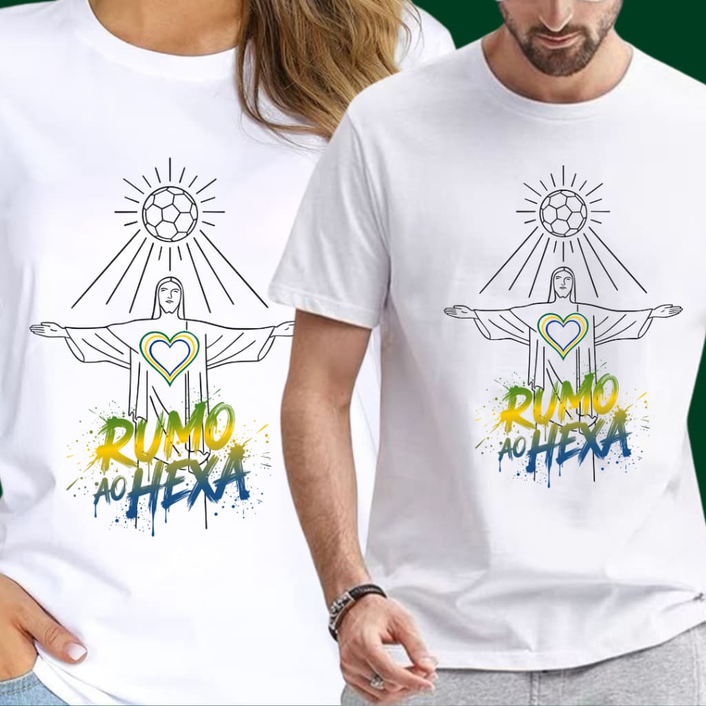Camiseta Unissex Estampa Rumo Ao Hexa Brasil Cristo Redentor Confortável Estampada