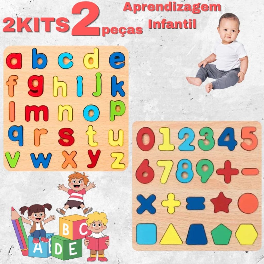 2 Kits Brinquedo Educativo Infantil Madeira Alfabeto Números Encaixe Aprendizagem