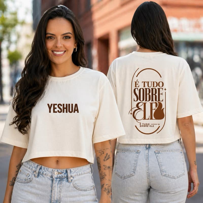 Cropped Feminino Gospel Yeshua – É Tudo Sobre Ele | Camiseta Cristã Moderna 100% Algodão Gold
