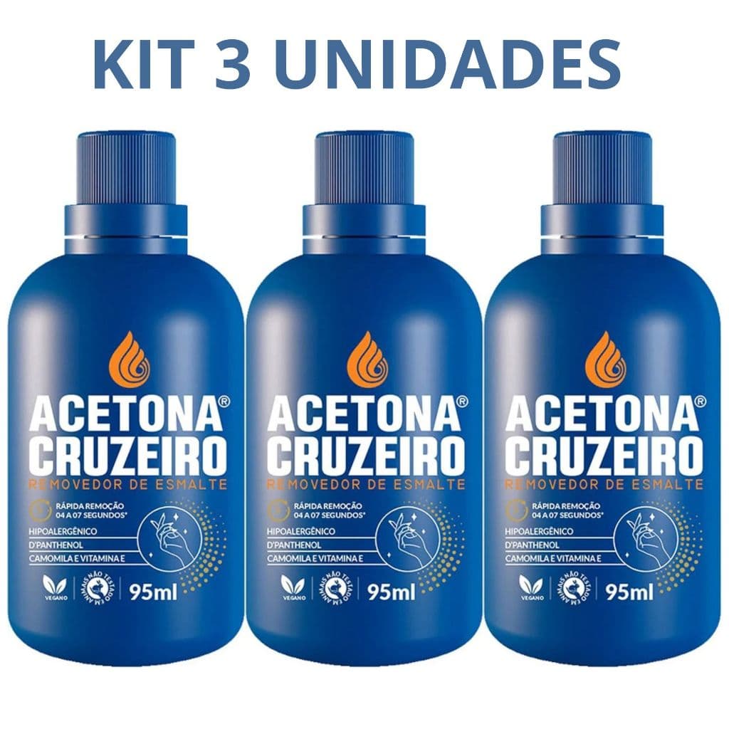 Kit 3 Acetona Cruzeiro 95ml Removedor de Esmalte Profissional Limpeza Rápida Unhas