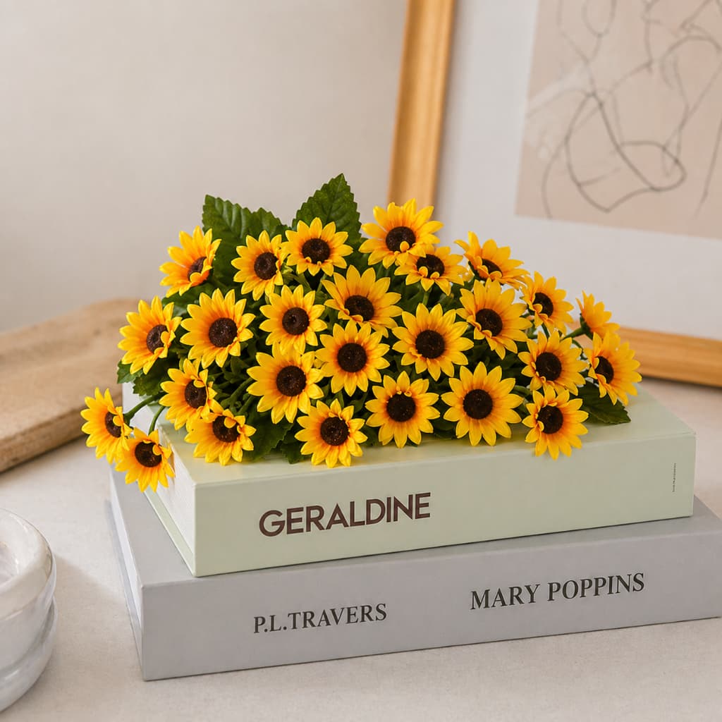 Buquê de Flores Girassóis Artificiais Folhagem Decoração Amarelo