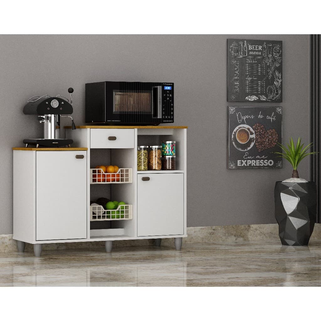 Balcão Multiuso Para Cozinha Fruteira Com Portas Gaveta Nichos Organizador Branco Cinamomo