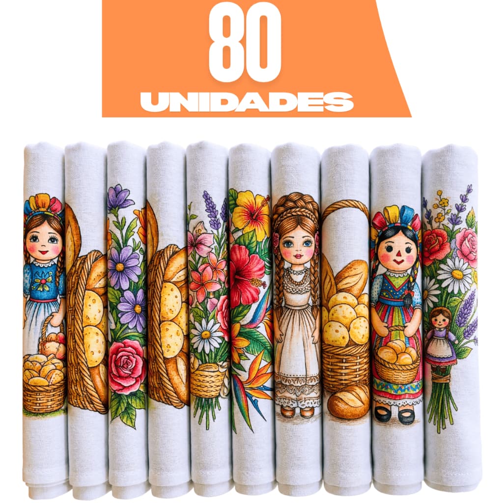 Kit 80 Panos de Prato Estampados Atacado Revenda 100% Algodão com Bainha 60x35cm