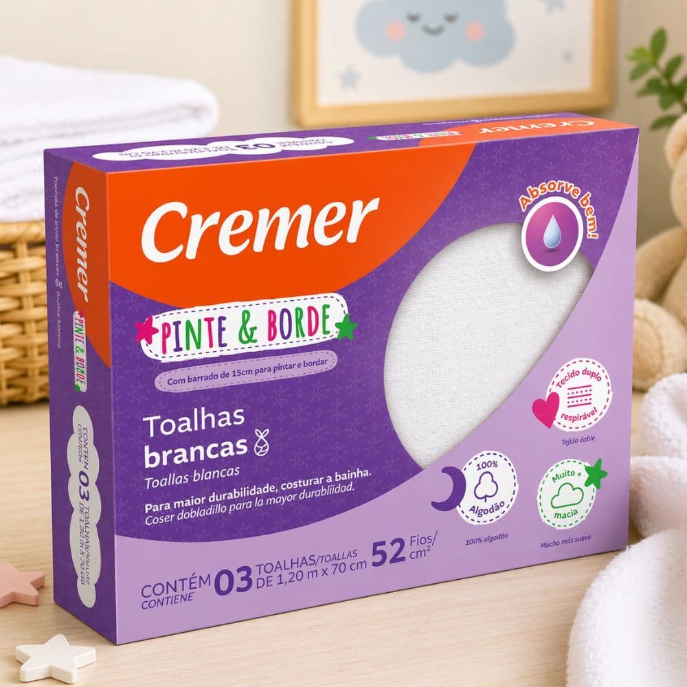 Toalha Fralda Infantil Pinte e Borde Branca 70x120cm Kit 3 Unidades Algodão Bebê Cremer
