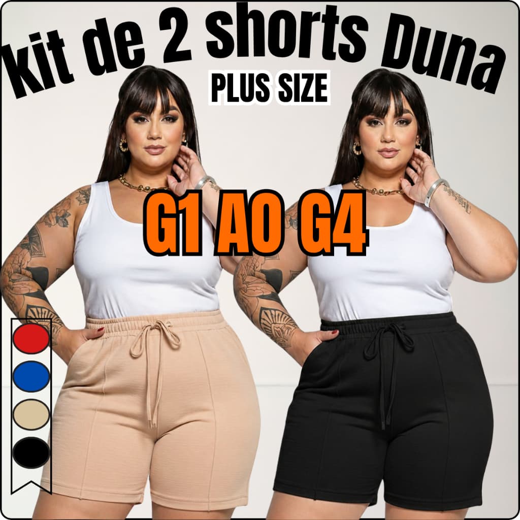 kit 2 Short Feminino Duna soltinho Dia a Dia Plus Size Verão Cós Alto Elástico bolso  G1,G2,G3,G4