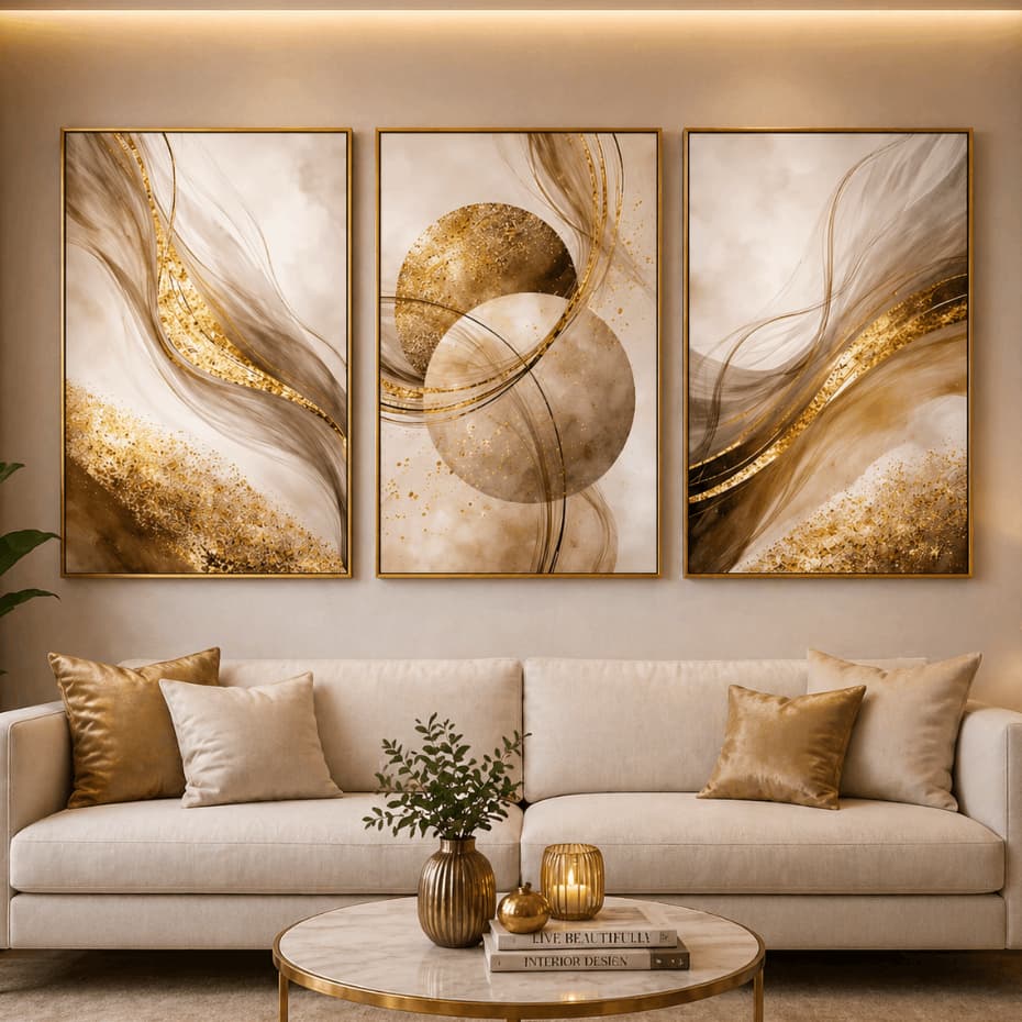 Quadro Abstrato Moderno Dourado Luxo Decorativo Para Sala Quarto Escritório Elegante