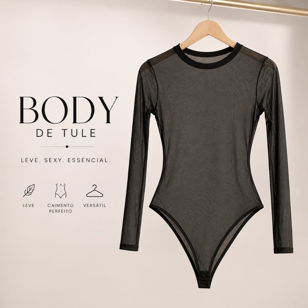 Body Tule Feminino Transparente Manga Longa Preto Com Elastano Bori Confortável
