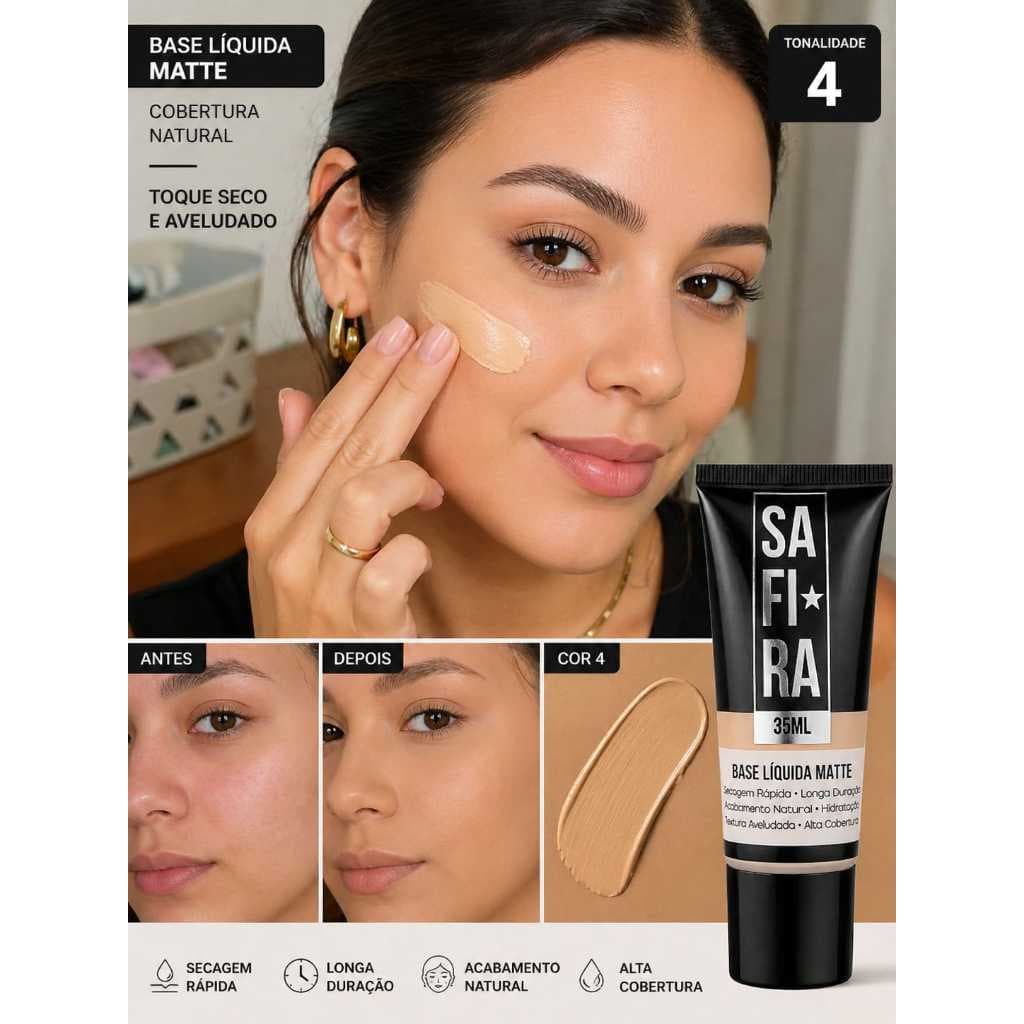Safira/base líquida matte/acabamento aveludado cobertura média a alta /longa duraçao /disfarça imperfeçoes/cor4