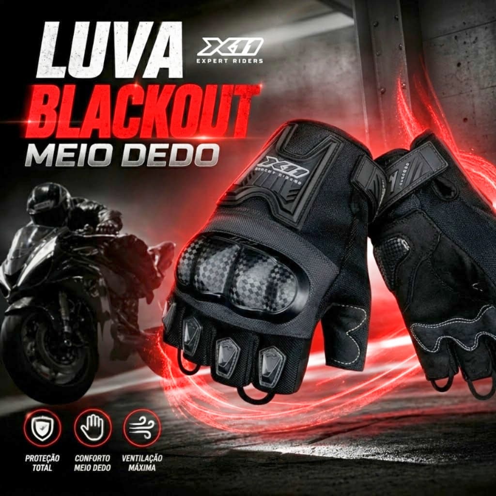 Luva X11 - Blackout Meio Dedo - Moto/Motoqueiro/Bike - Proteção - Preto