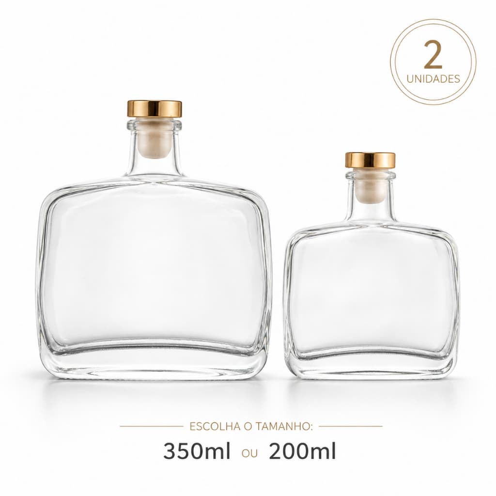 Kit 2 Garrafas de Vidro Transparente Tampa Dourada 200ml ou 350ml Frasco para Whisky Geleia de Banho