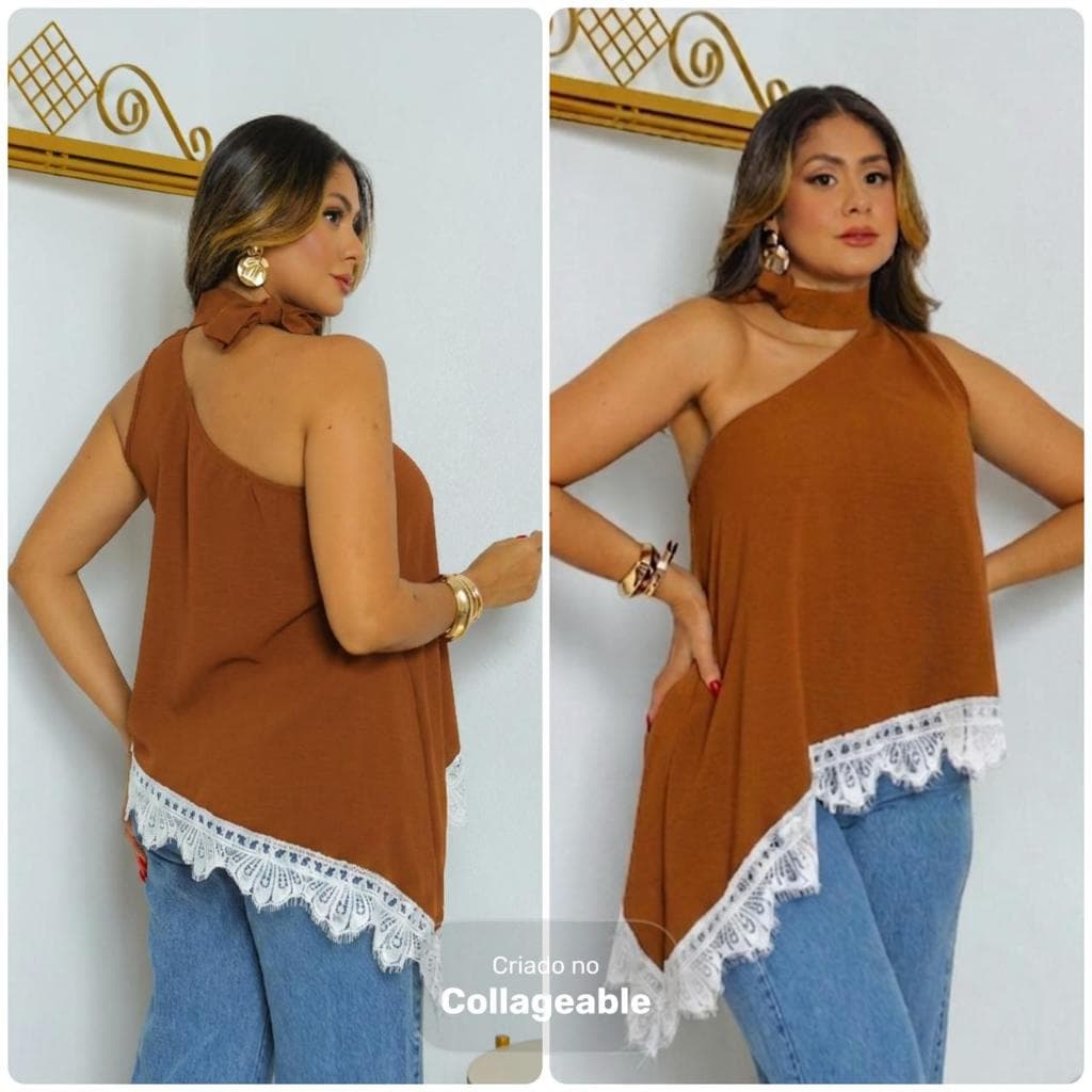Blusa Um Ombro Só,  Blusa Assimétrica, Blusa de Ponta, Ombro Vazado. detalle con renda na barra