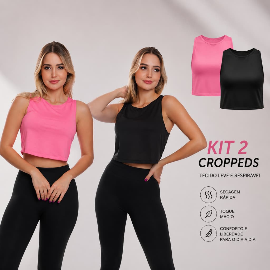 Kit 2 Cropped Regata Cavado Dry Fit Proteção Solar Feminino, Premium, Respirável, Fitness, Academia, Treino