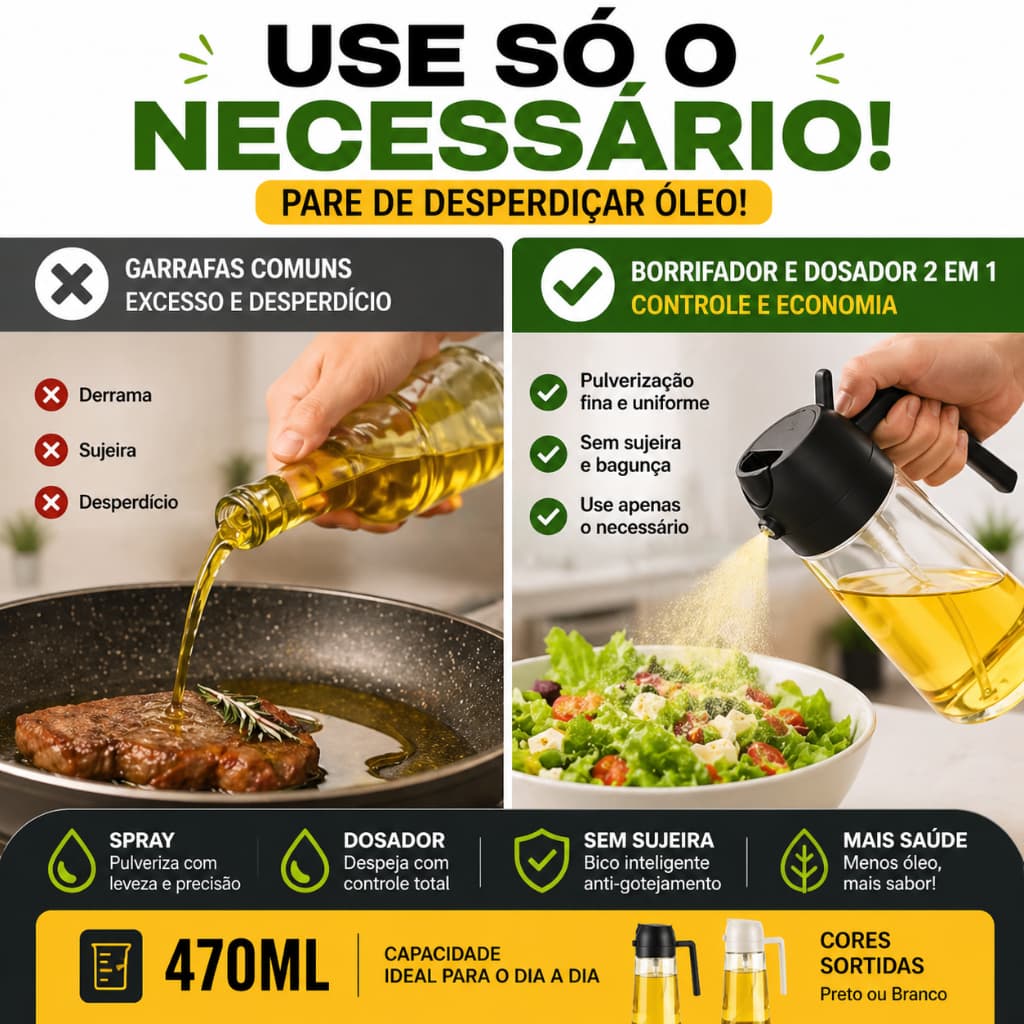 Borrifador Azeite Spray 2 em 1 Dosador 470ml Vidro Anti Entupimento Cozinha Óleo Vinagre