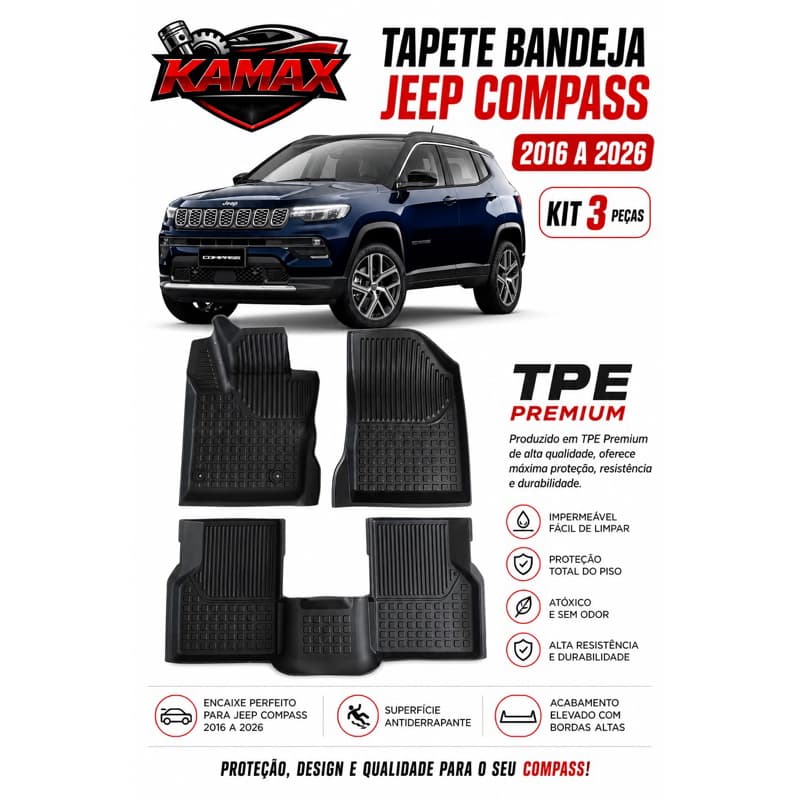 Tapete Bandeja Jeep Compass (2016 a 2026)- Kit com 3 Peças em TPE Flexivel