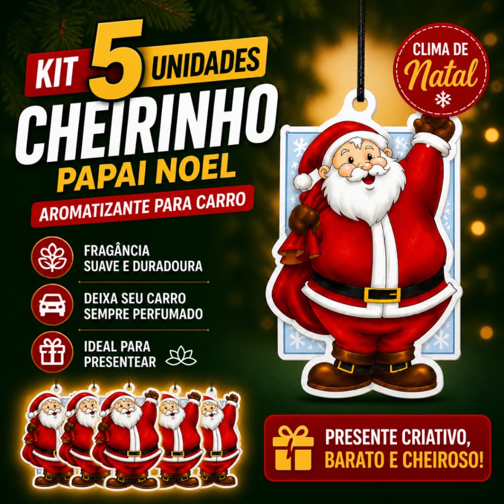 Aromatizante para Carro Papai Noel Kit 5 Unidades Cheirinho Natal Decoração + Perfume Automotivo