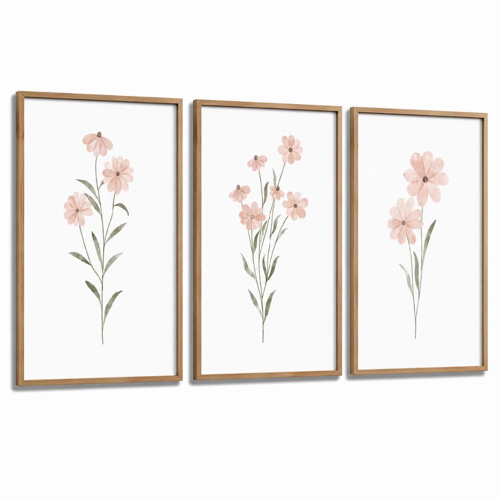 Kit 3 Quadros Decorativos Infantil | Quarto Bebê Menina | Aquarela, Flores, Jardim, Delicado - No241