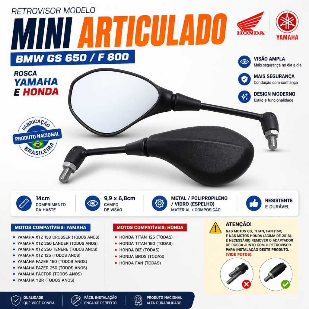 Par Retrovisor Articulado Motos Honda e Yamaha Mini Bmw Gs650/F800 Fazer Titan Bross Ybr Factor Cg