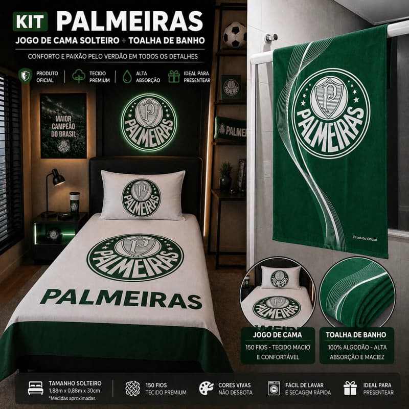 Kit Palmeiras Solteiro Jogo de Cama + Toalha de Banho Oficial | 150 Fios 100% Algodão Alta Absorção Torcedor Verdão
