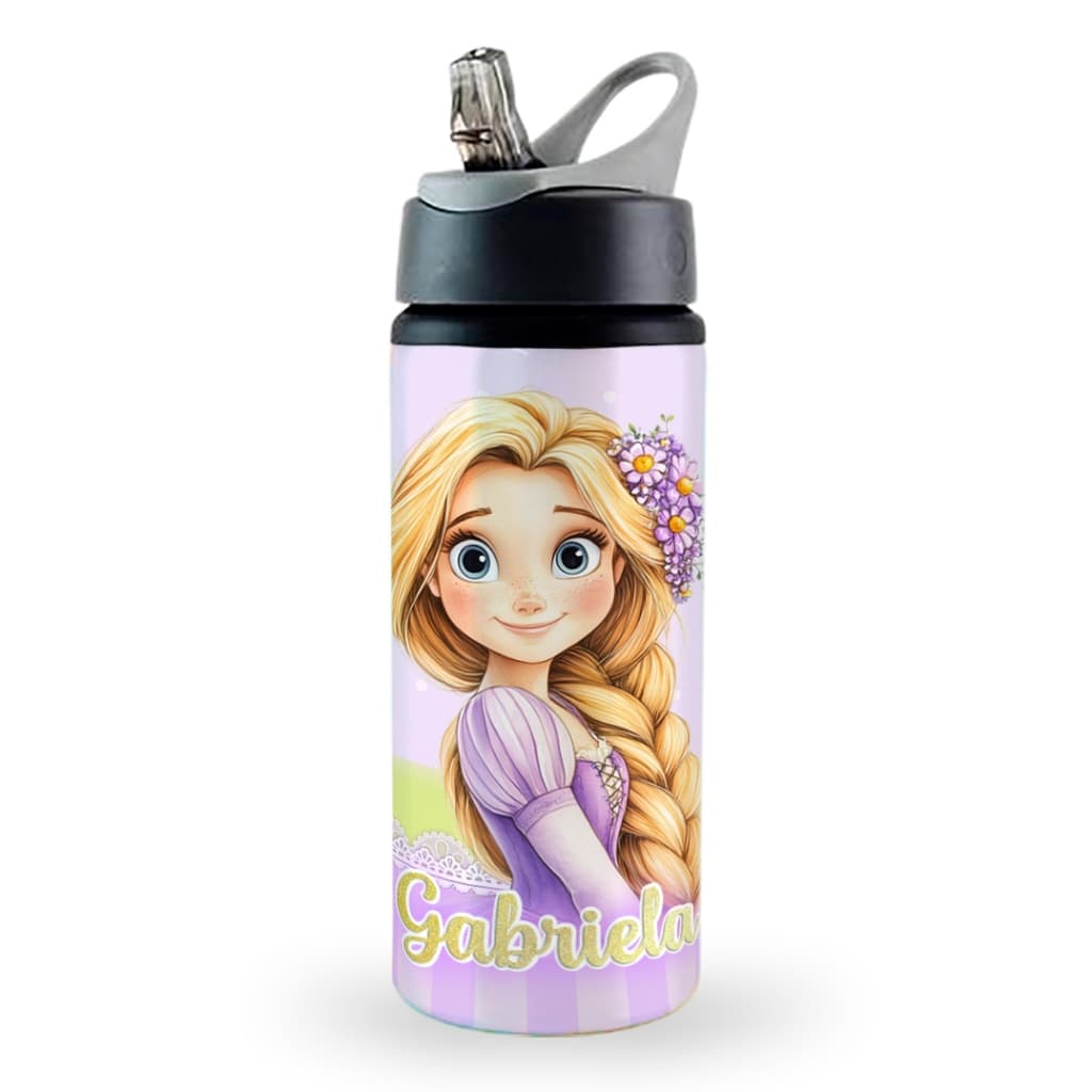 Garrafa squeeze escolar alumínio Rapunzel Enrolados personalizada com nome