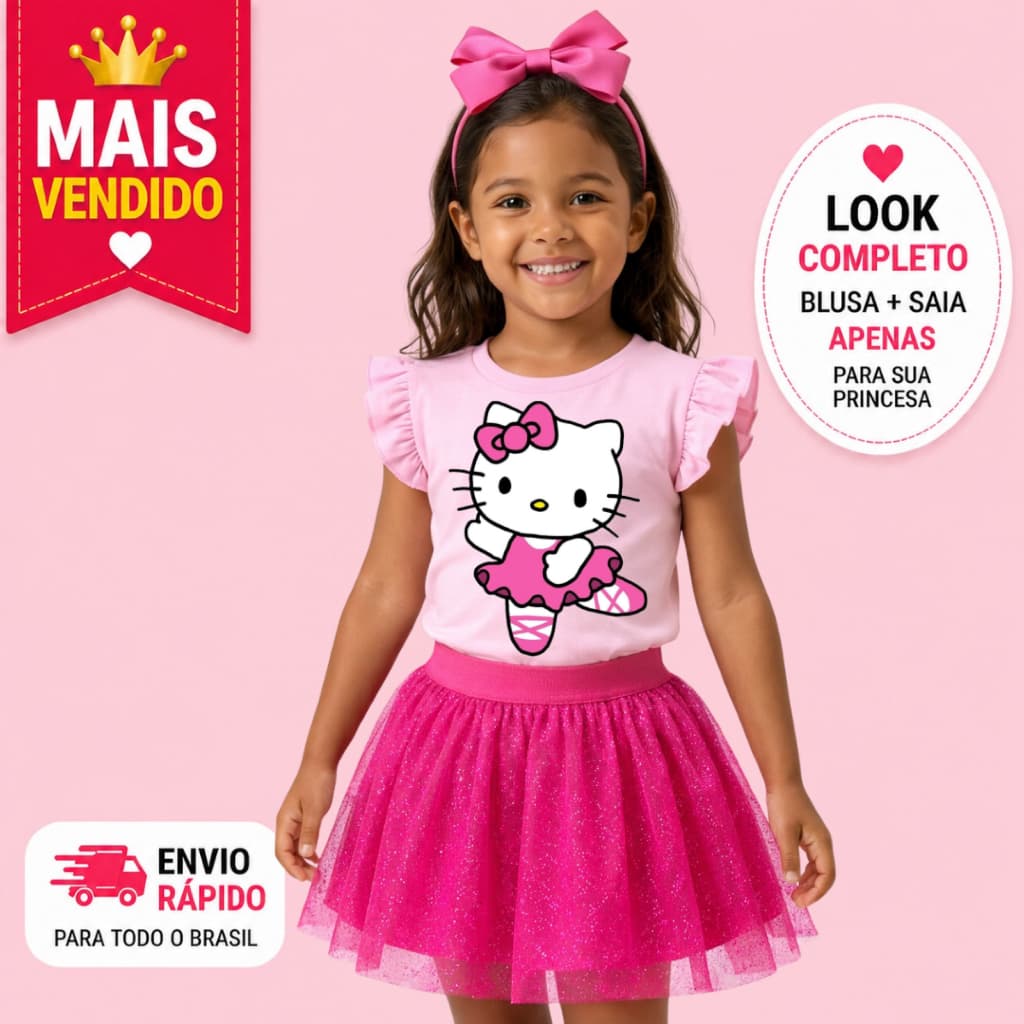 Conjunto Infantil Menina Blogueirinha Fashion – Blusa Rosa Bebê Babado Estampa Hello Kitt Bailarina + Saia Tule Glitter
